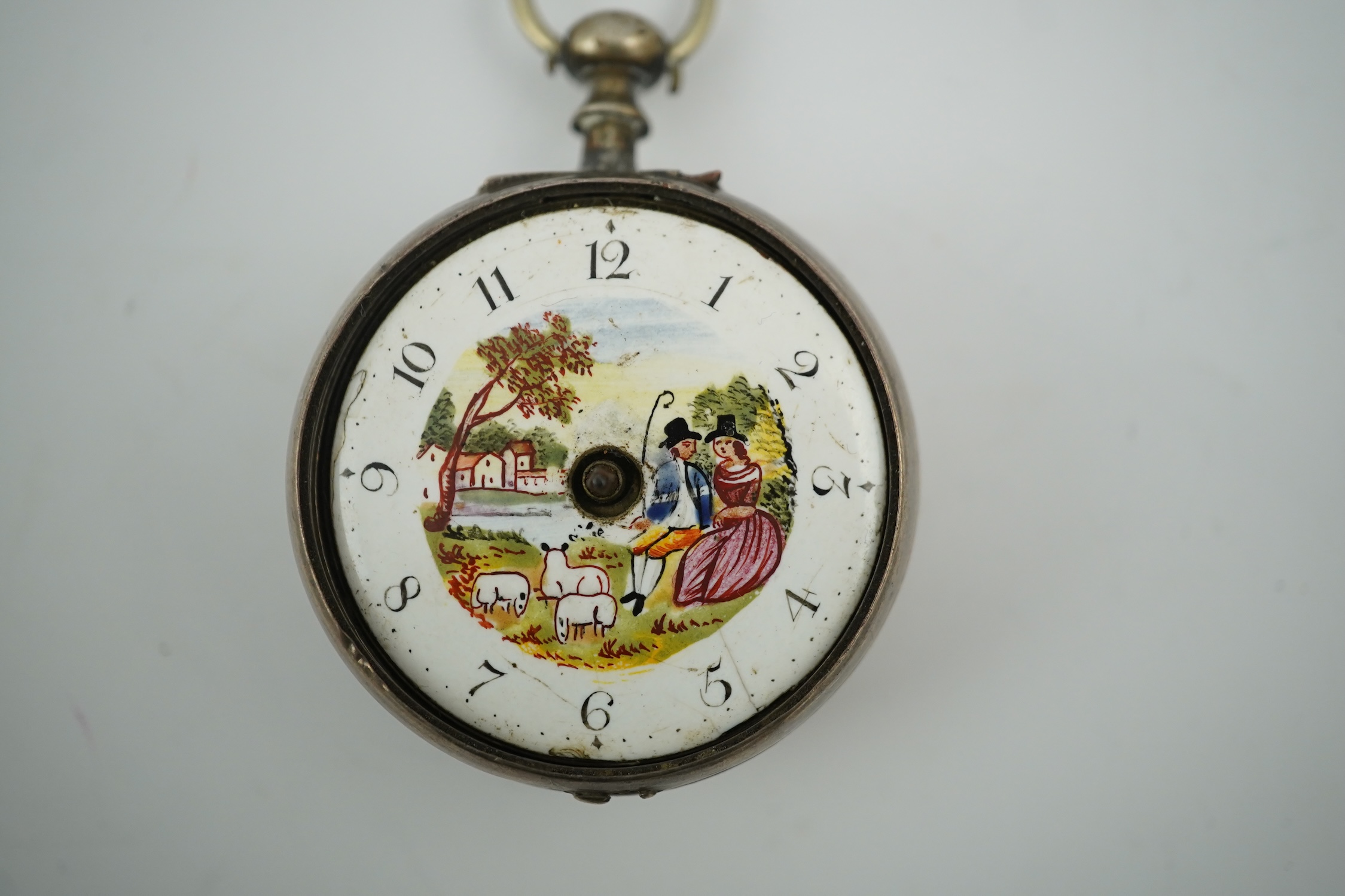 A George III silver verge key wind pocket watch, by Smith of Dublin, with painted dial, case diameter 41mm, lacking hands and glass. Condition - poor.